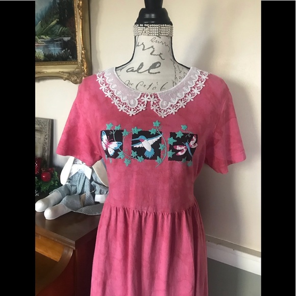 Rare Pink Tie Dye Hummingbird Lace Collar Dress M - Picture 3 of 15